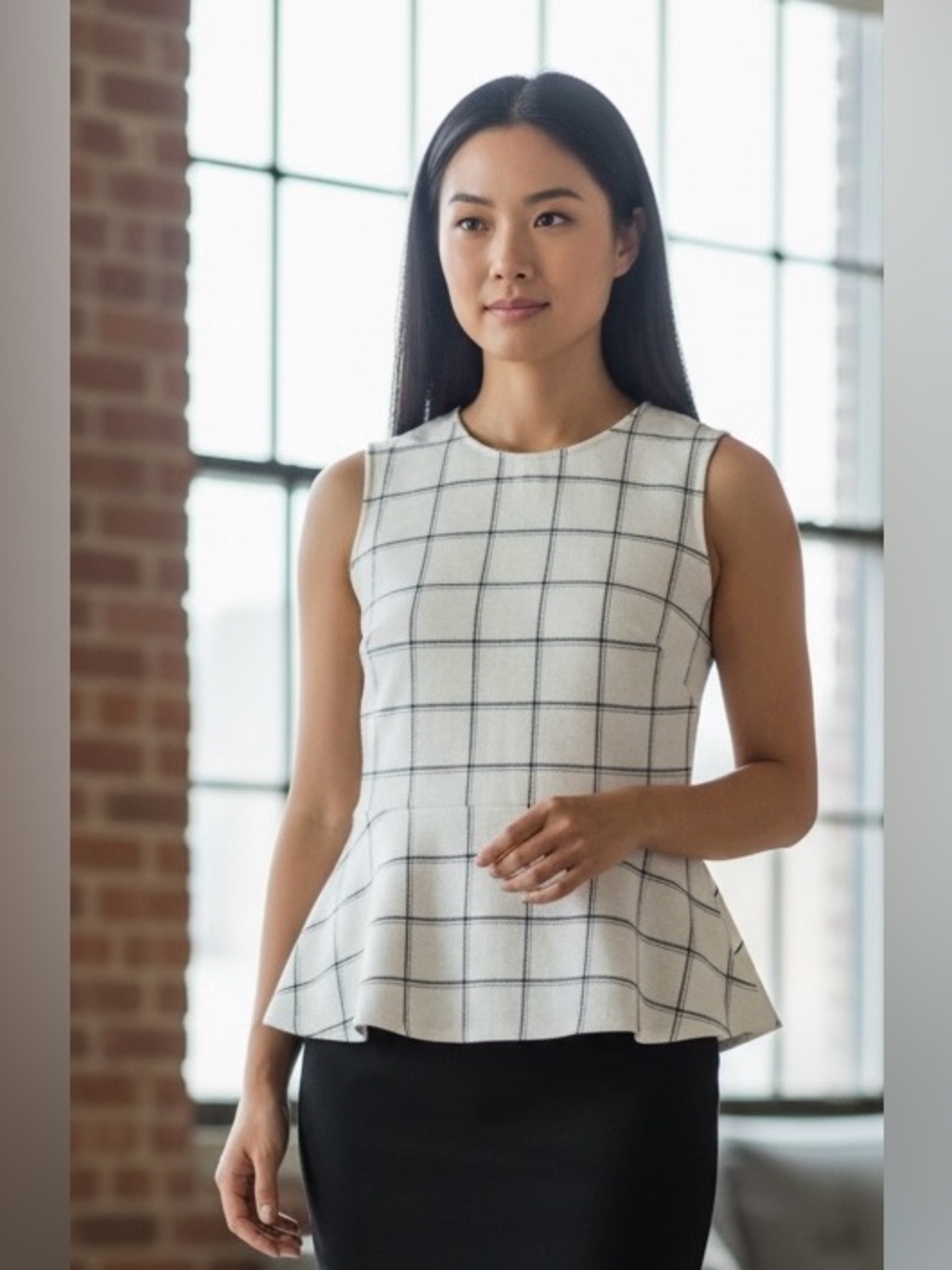 Ann Taylor Cream Windowpane Plaid Sleeveless Top